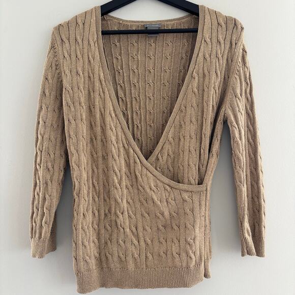 Ann Taylor Cable Knit Silk Blend Wrap V Neck Sweater in Metallic Gold Size M - Picture 1 of 7